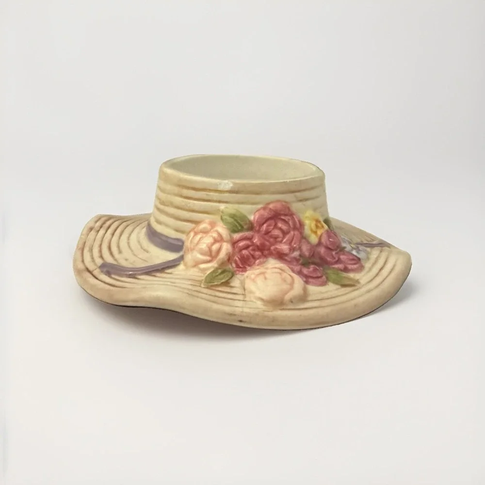1980's Spring Floral Hat Decorative Candle Holder Ceramic READ